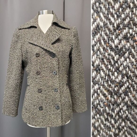Vintage 90s y2k LEI Brown Herringbone Tweed Double Breasted Peacoat Pea Coat Md - Picture 1 of 7